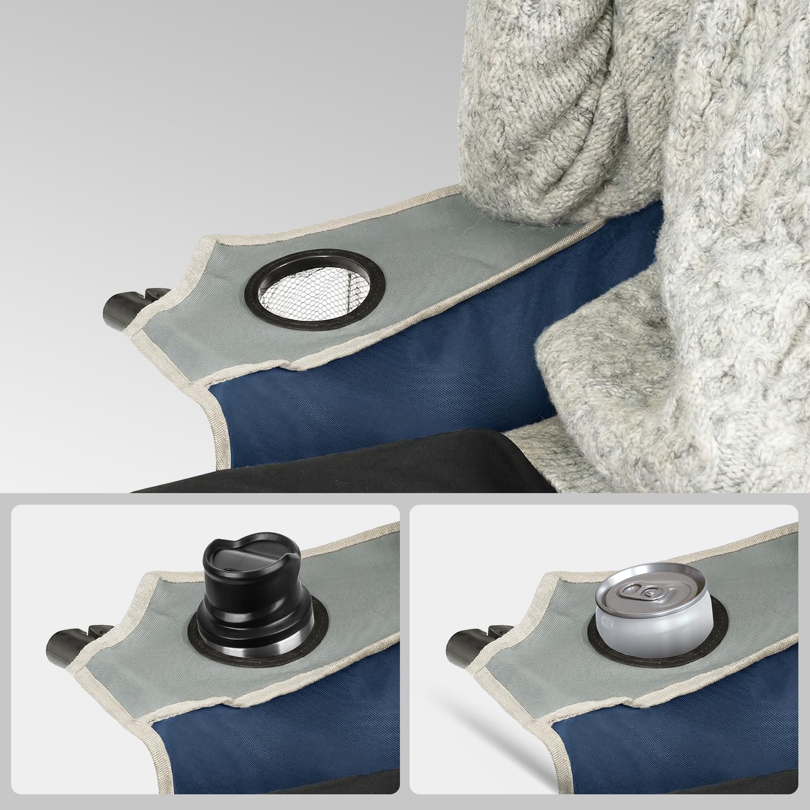 LARMNEE Sofá de Camping Plegable con 2 Portavasos, Sofá Doble de Camping, Ancho 50 cm, Silla Plegable con Carga de 200 kg, para 2 Personas, con Bolsa de Transporte, Pesca, Azul y Gris EBU03LC02