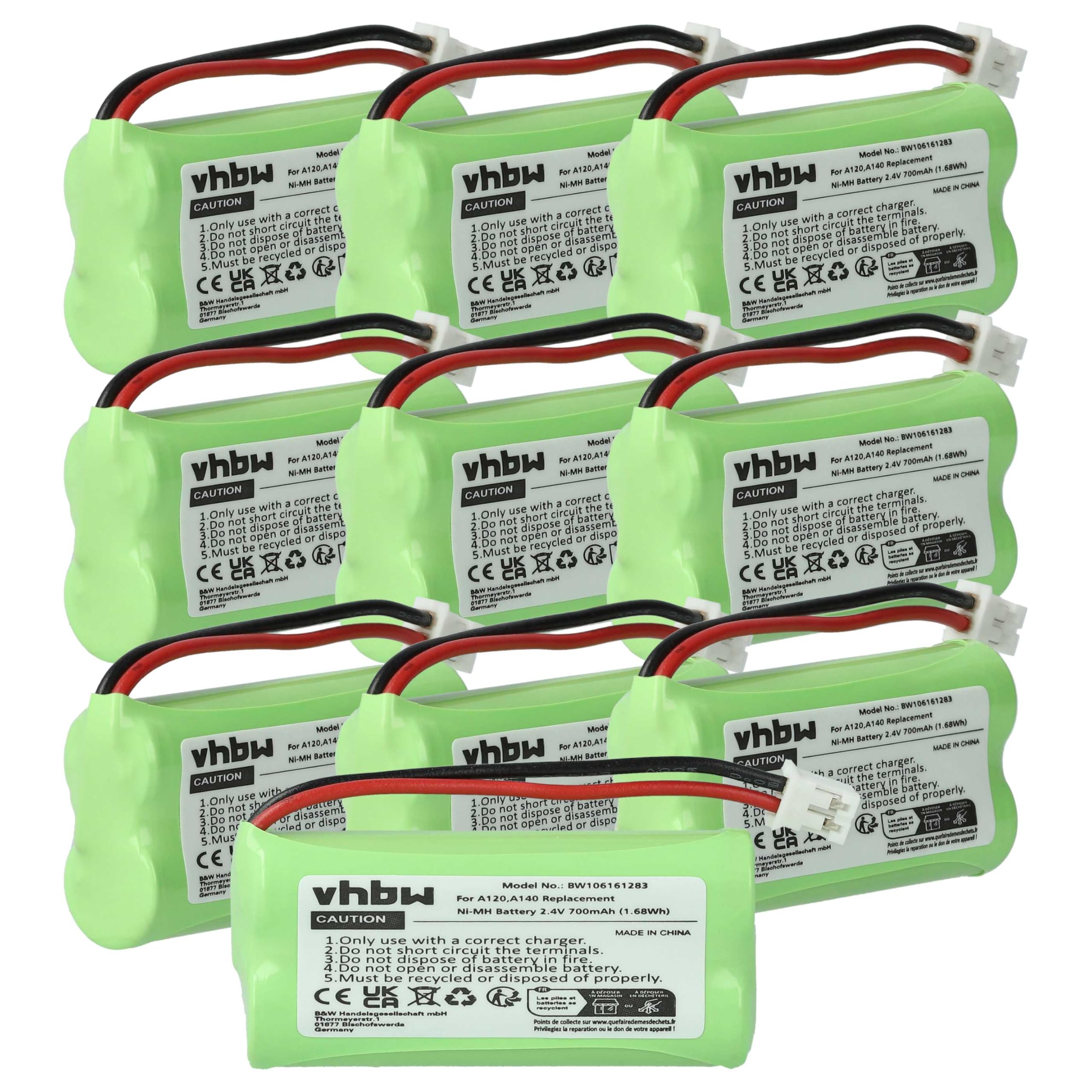 vhbw 10 x bateria zastępuje 55AAAHR2BMX, C30852D1640X1, 220382C1, 220436C1, 41AAAH2BMX do bezprzewodowego telefonu stacjonarnego (700mAh, 2,4V, NiMH)