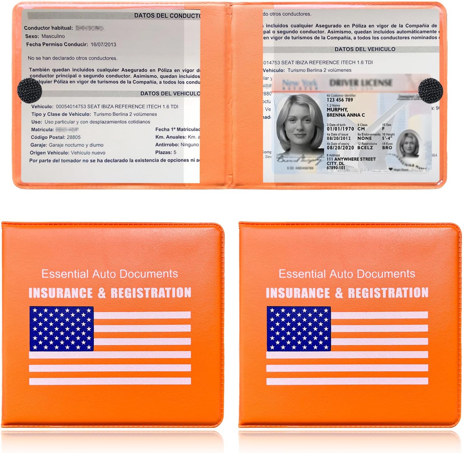 2PCS Car Registration and Insurance Holder, Vehicle Essential License Document Organizers with Strong Closure, Paperwork Wallet Insurance Card Holder for Most Cars (Blue Flag/Orange)