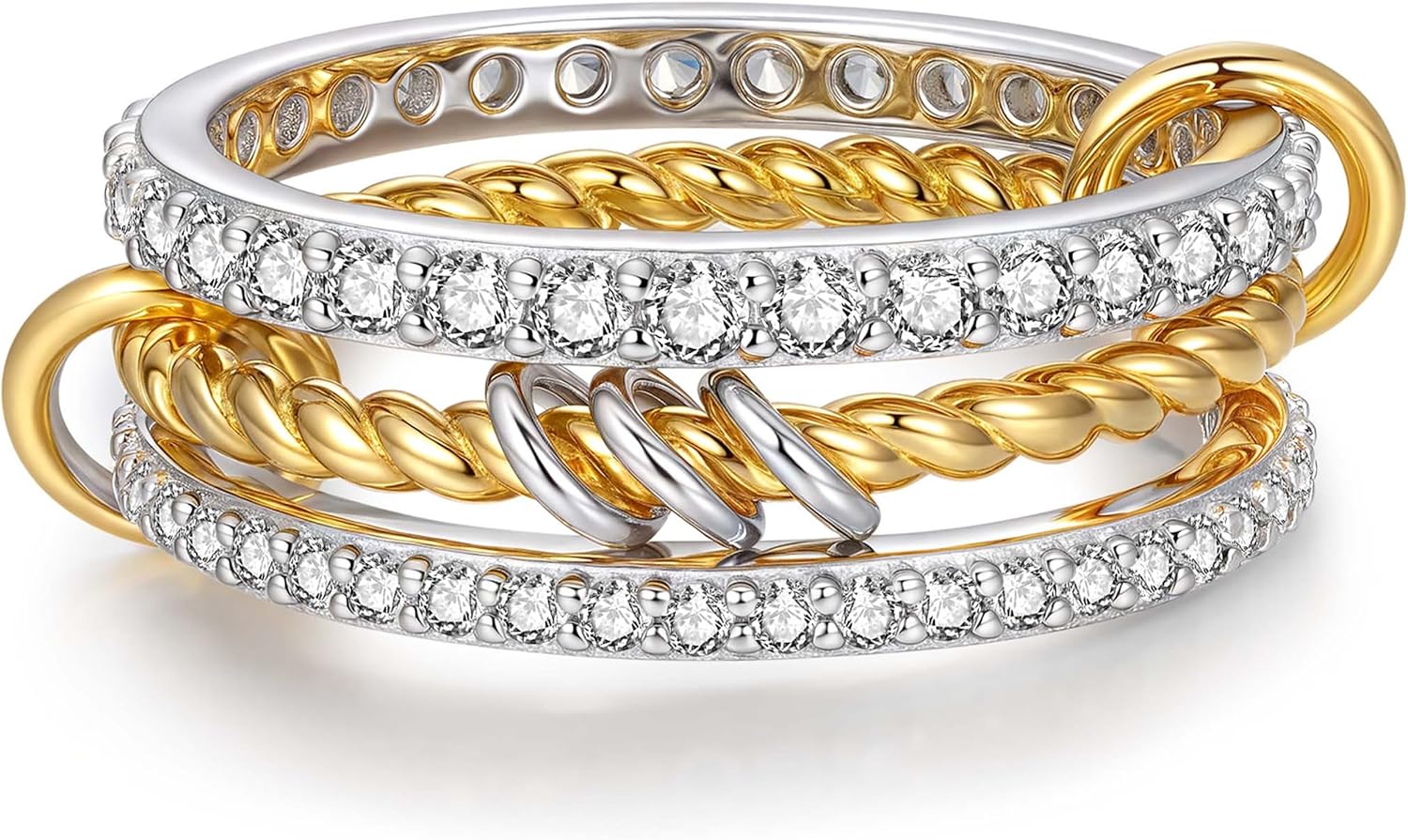 925 Sterling Silver Gold Interlocked Stackable Rings for Women - Multi Link Interlocking Rope 3 Ring Set - Cubic Zirconia Ring Non-Tarnish Connected Band Jewelry Gift.