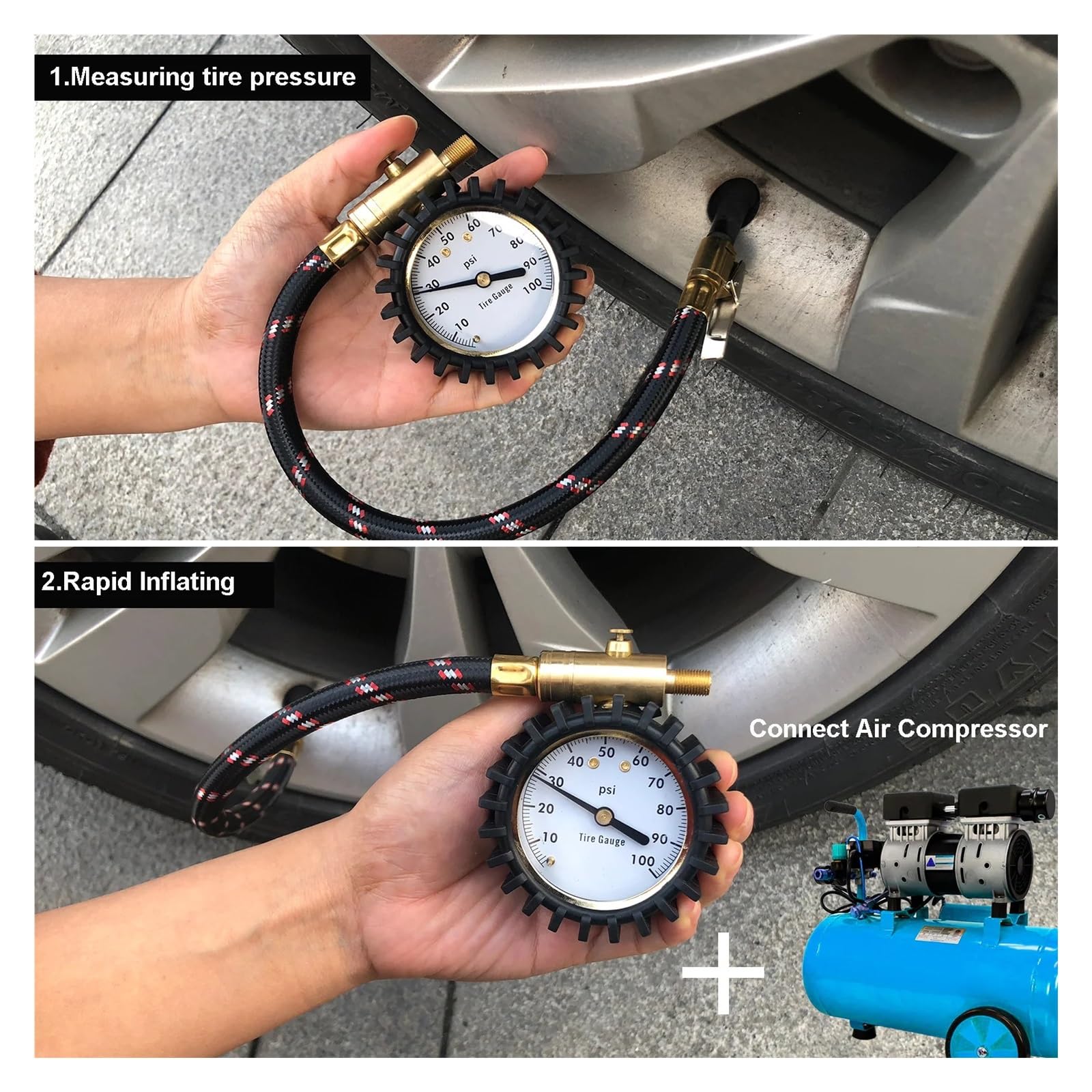 Medidor De Presión De Neumáticos De 100 PSI con Portabrocas con Clip, Medidor De Neumáticos Analógico De Precisión De Dial De 2 Pulgadas, Lectura De Presión Conveniente FáCil De Usar