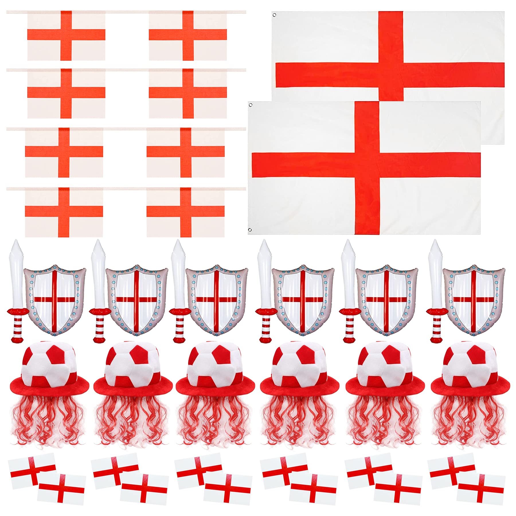England Football Fancy Dress Party Pack - 28 Piece English Football Supporters Bundle - St Georges Flags, Rayon Bunting, Inflatable Swords & Shields, England Tattoos & Football Hats