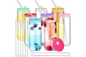 8 Set Glass Cups with Lids and Straws