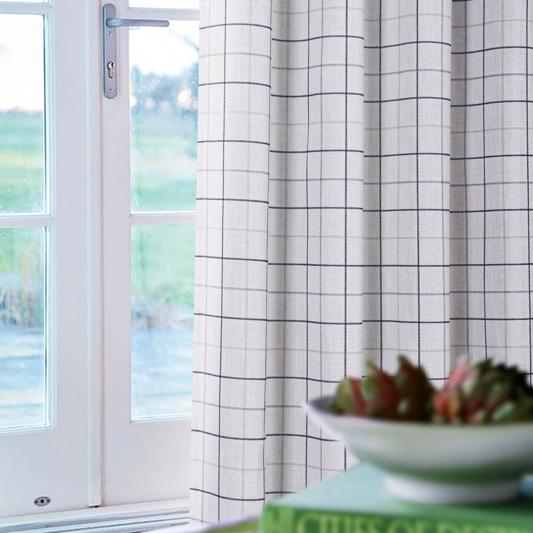 always4u Linen Look Curtains Eyelet Printed Check Curtains Semi-sheer Plaid Drapes for Living Room Bedroom Decoration Modern Textured 1 Pair Beige Black W90 x L90 Inches - Image 4