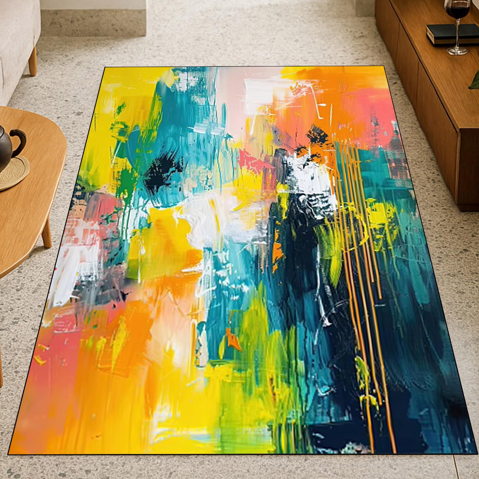 Tapis salon moderne jaune et vert 120x180 pour salle à manger et cuisine