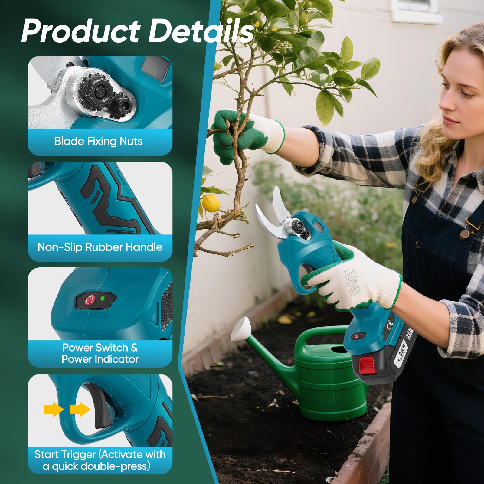 GJCrafts Akku Astschere, 30 mm Schnittdurchmesser, Elektrische Gartenschere mit 2x2000 mAh Batterien und 1 Paar Ersatzklingen, LCD Display bürstenlose Gartenschere für Äste, Büsche
