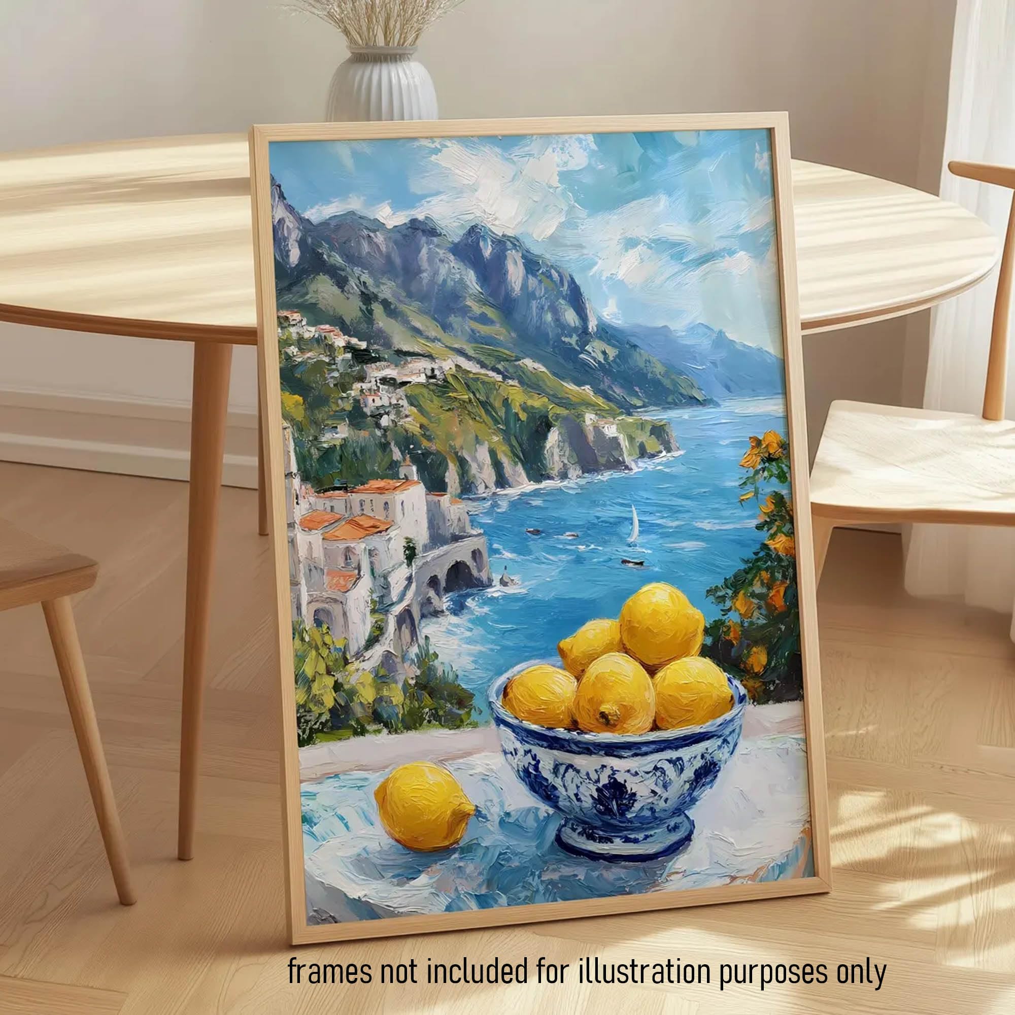 CozyPrints Set di 3 stampe artistiche da parete della Costiera Amalfitana, poster con paesaggio mediterraneo senza cornice, vivace paesaggio italiano, decorazione per la casa botanica di limone e