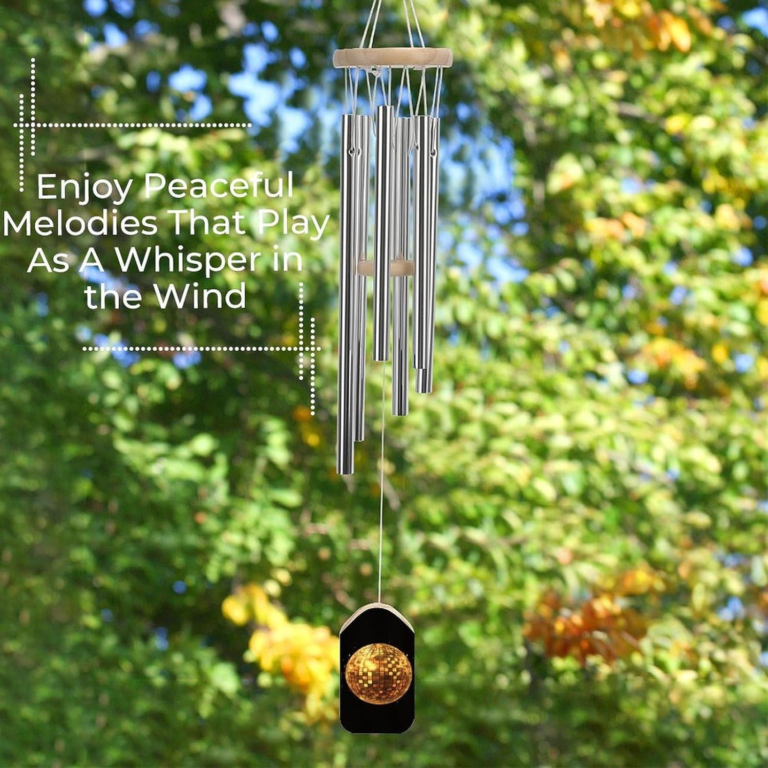 Golden Disco Ball Wooden Wind Chimes Deep Tone Memorial Windchime for Outside Garden Home Decoration