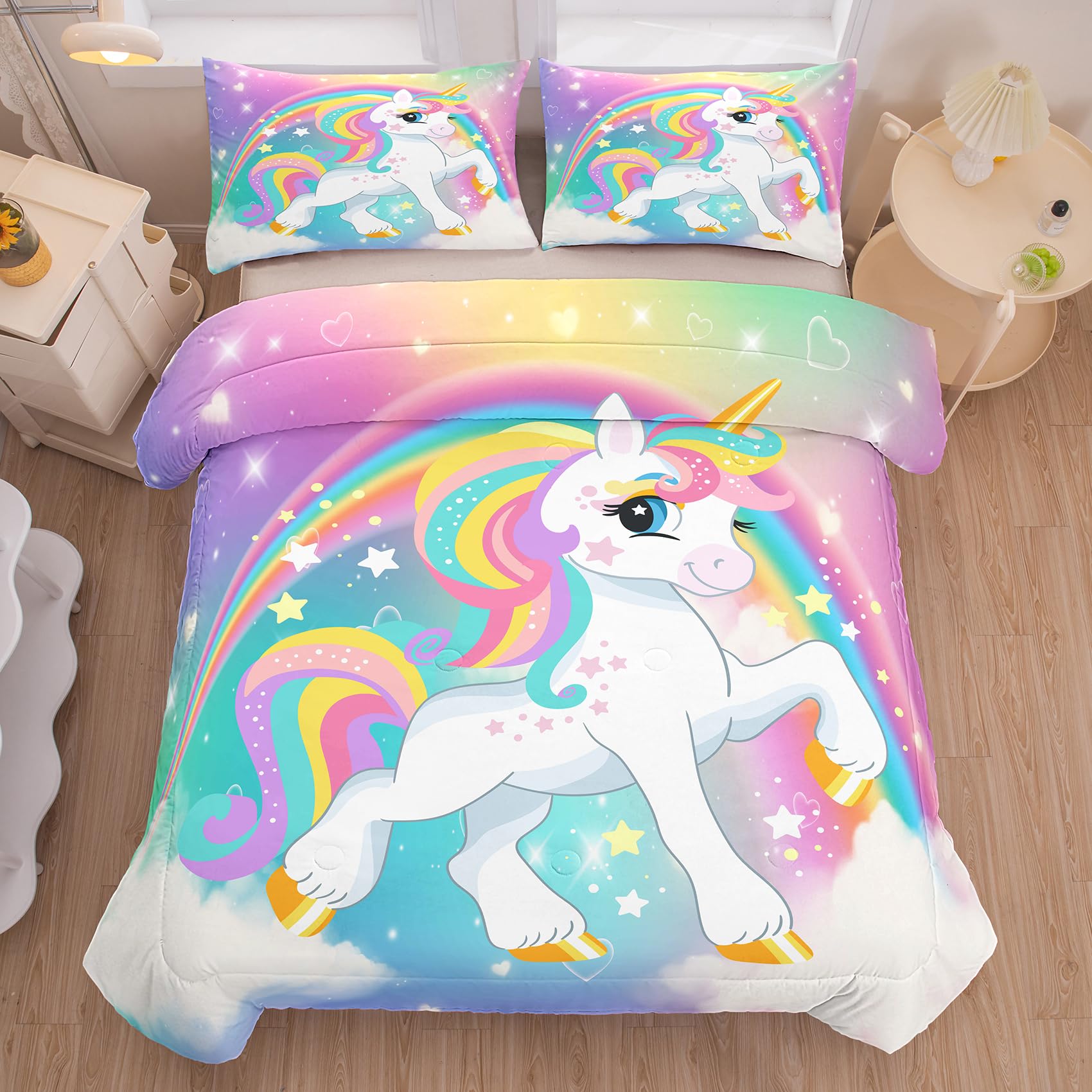 Edredón de unicornio matrimonial arcoíris con 2 fundas para cama de niñas