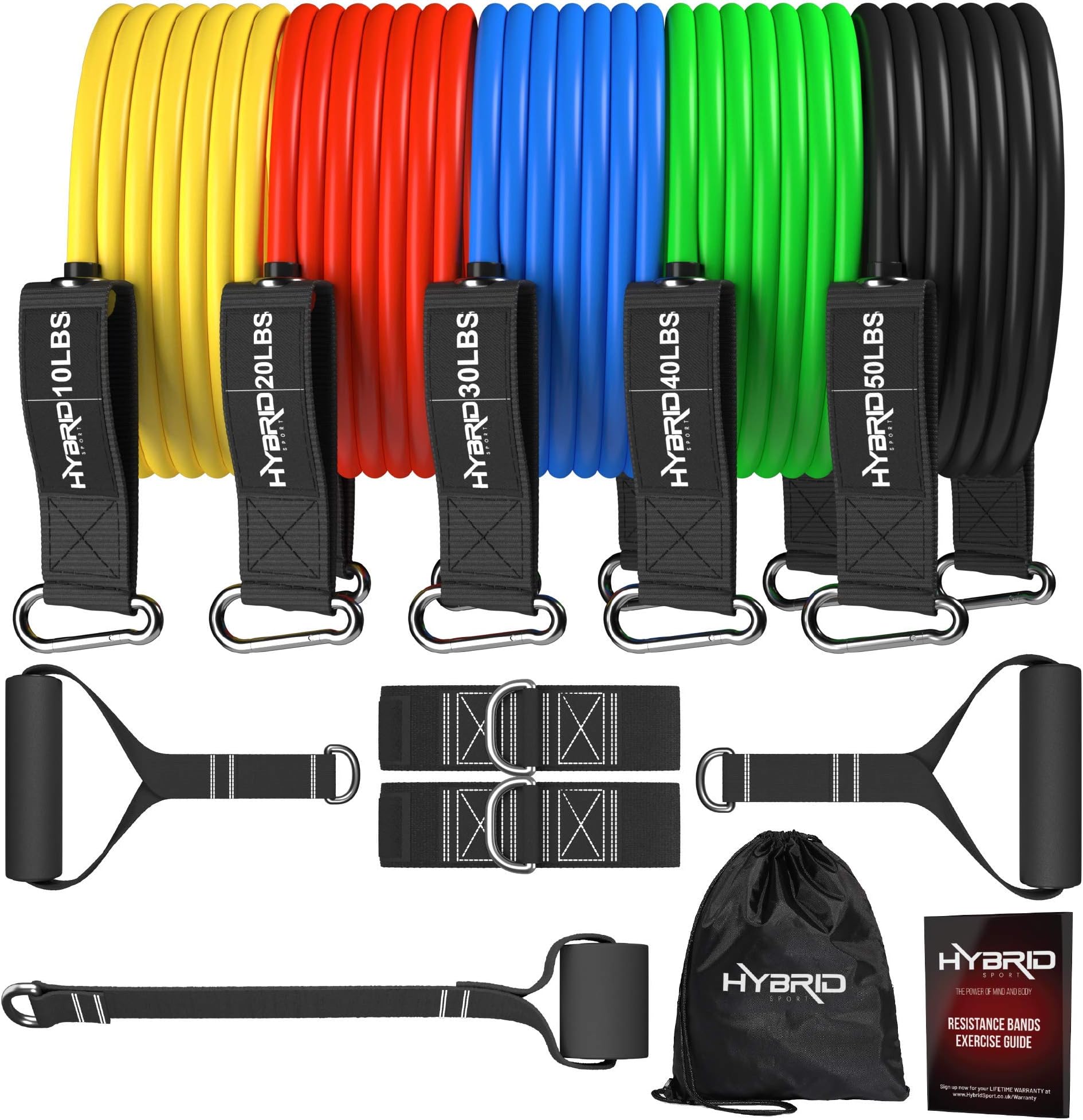 HYBRID Resistance Bands Set Men Women, HEAVY DUTY 12pcs Exercise Bands, Up to 150LB, 68kg, 2 Foam Handles, 2 Ankle Straps, Door Anchor - Fitness Tubes - Exercise Equipment for Home, Gym, Physio