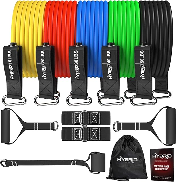 HYBRID Resistance Bands Set Men Women, HEAVY DUTY 12pcs Exercise Bands, Up to 150LB, 68kg, 2 Foam Handles, 2 Ankle Straps, Door Anchor - Fitness Tubes - Exercise Equipment for Home, Gym, Physio