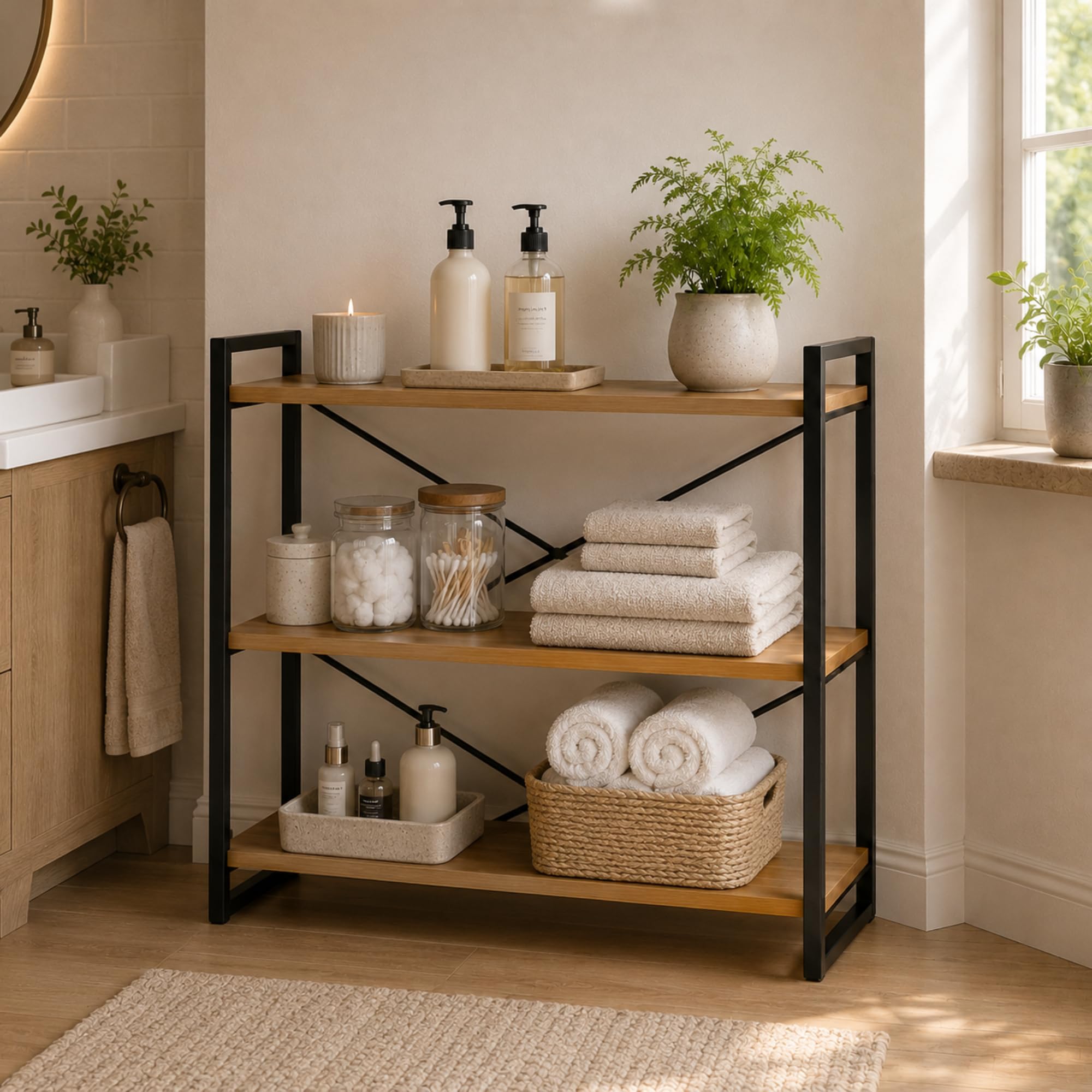 MAKA Scaffale con Struttura in Metallo Soggiorno, Libreria Bassa con 3 Ripiani in Legno, Scaffalatura Bassa Moderna per Bagno, Cucina, Camera da Letto, Facile da Montare, 80x33x66 cm (3 Ripiani)