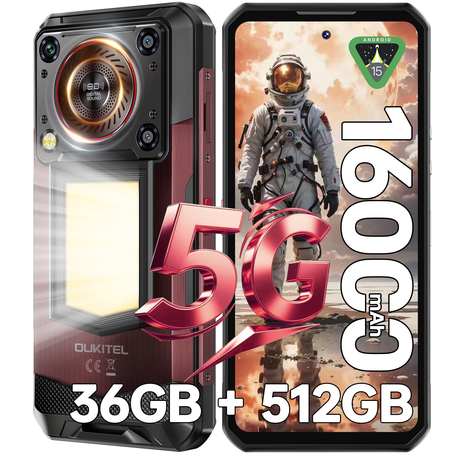 OUKITEL WP56 Rugged Smartphone 5G, 36GB+512GB Telefono Indistruttibile, 16000mAh/45W Rugged Phone, 108MP Telefono Cellulare, 1000LM Luce Campeggio, 6.8" 120Hz Celluare Antiurto, 5G Dual SIM/NFC/OTG