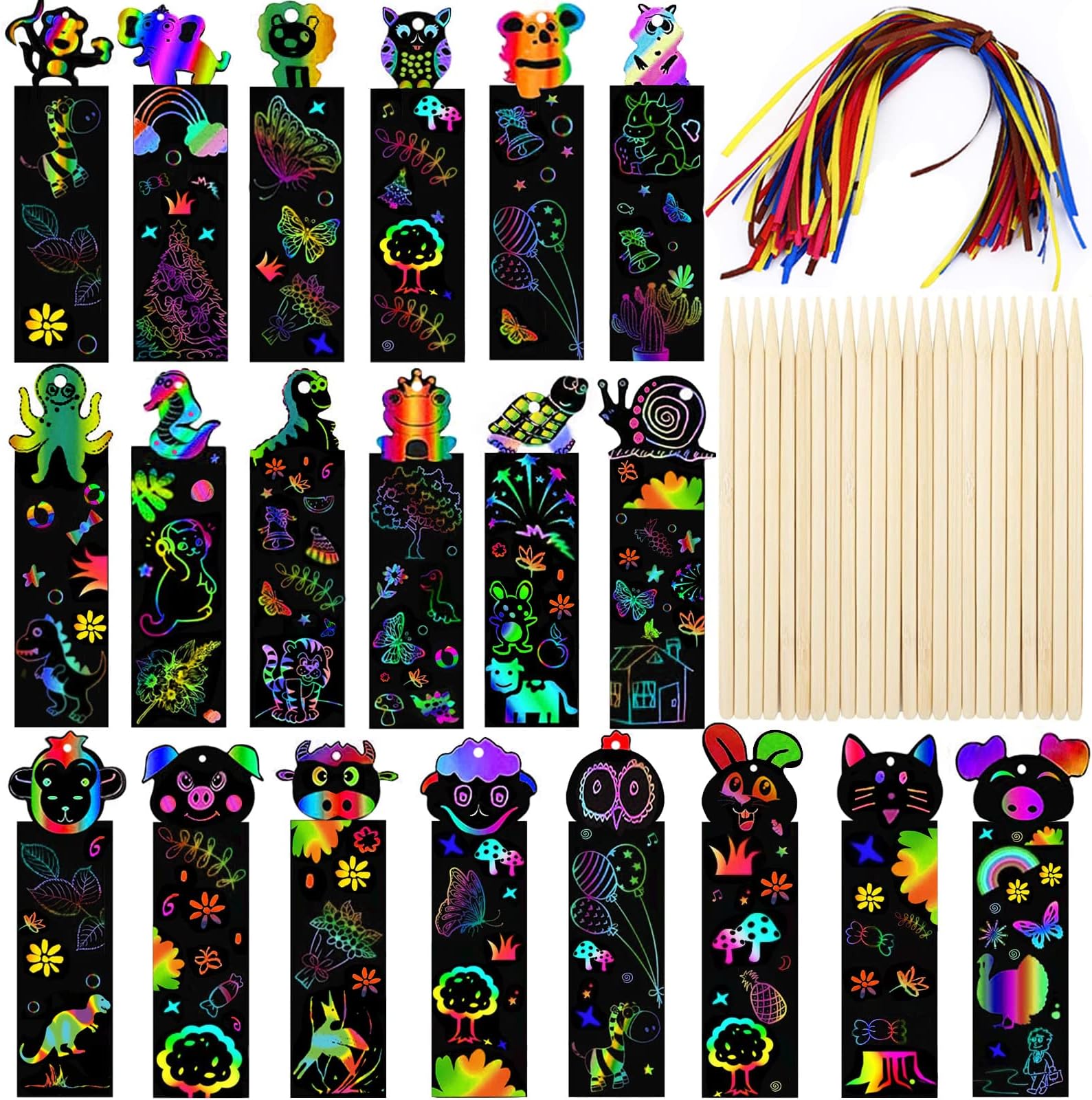 Scratch Art for Kids, 48 Pcs Magic Rainbow Bookmarks for Children, Scratch Art Party Bag Fillers, Animal Craft DIY Scratch Paper Art Tags with Wooden Stylus and Ribbons for Classroom Birthday Gifts