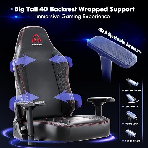 Miniatura 5 de COLAMY Silla de juegos grande y alta de 400 libras, silla ergonómica para computadora de computadora con asiento tapizado, soporte lumbar,