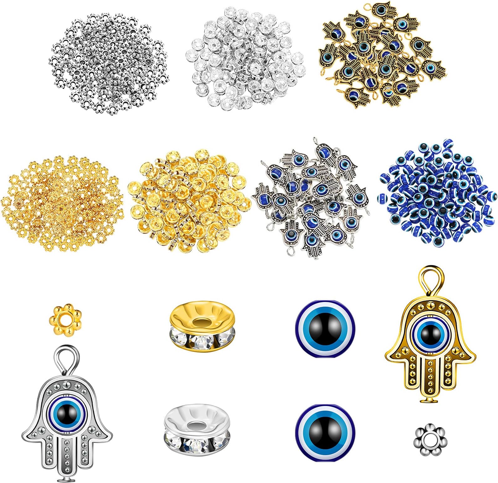 Hicarer 320 Pieces Evil Eye Charms Set Includes 100 Evil Eye Beads 20 Hand Evil Eye Charms 100 Czech Crystal Spacer Bead 100 Plum Shaped Charms Bead for DIY Jewelry Making (Mixed Colors), Resin