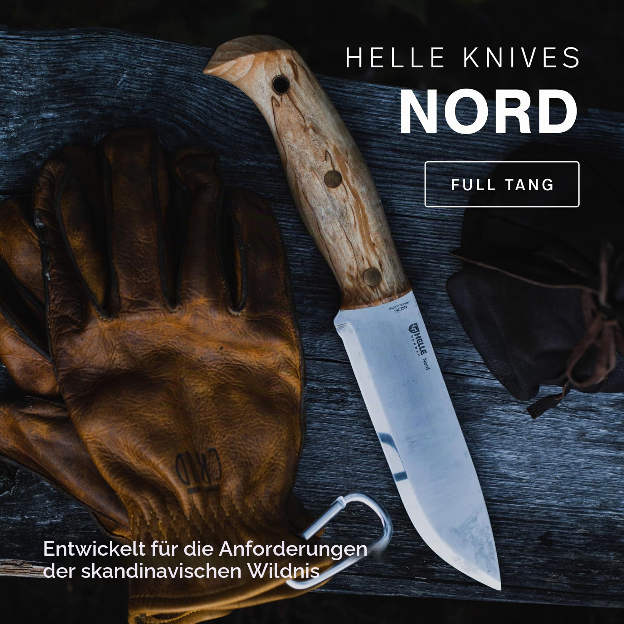 Helle NORD 670 Outdoormesser, Sandvik 14C28, rostfrei, Maserbirke, Lederscheide