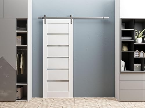 Miniatura 2 de Puerta corredera de granero con herrajes de acero inoxidable de 6.6ft  Quadro 4117 seda blanca con vidrio opaco esmerilado  perchas de barra de