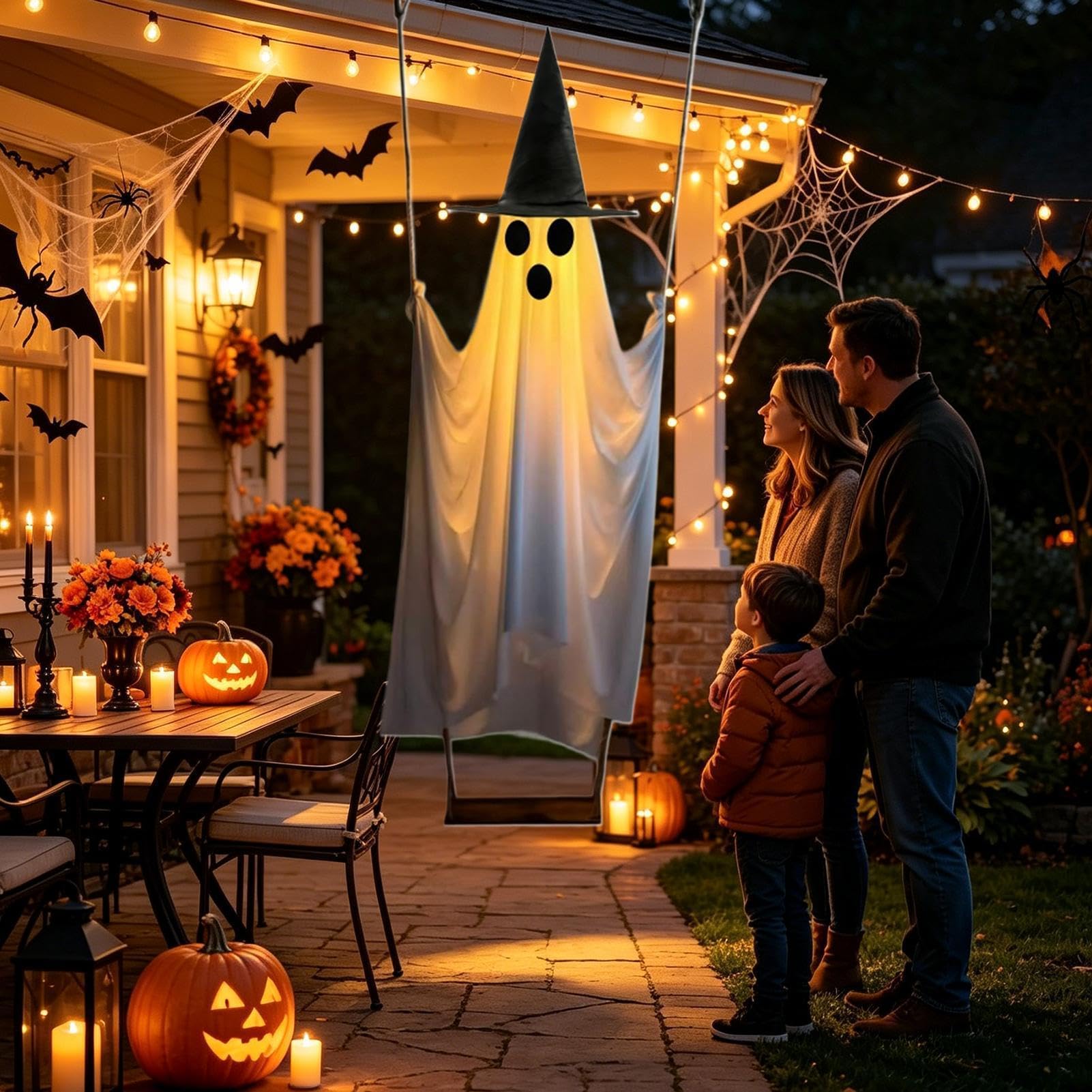 Halloween Swinging Ghost - Light Up Hanging Prop, Witch Hat Decoration