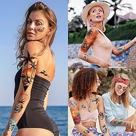 77 Sheets Temporary Tattoo for Women and Men, 17 Sheets Half Arm Beach Flower Skull Sunset Fake Tattoos, 60 Sheets Holiday Ocean Tiny for Adults Kids Body Tattoos Stickers Waterproof Realistic
