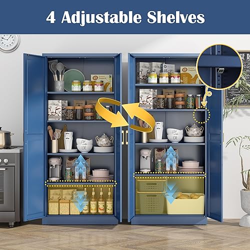 Miniatura 5 de Gabinete de despensa de cocina, gabinetes de almacenamiento de despensa de metal azul de 71" con puertas y 4 estantes ajustables, gabinete de cocina