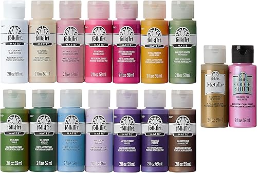 FolkArt Countryside Cottage Kit de 16 piezas de 2 onzas líquidas de pintura acrílica premium que incluye 14 colores mate metálicos 1 turno, color