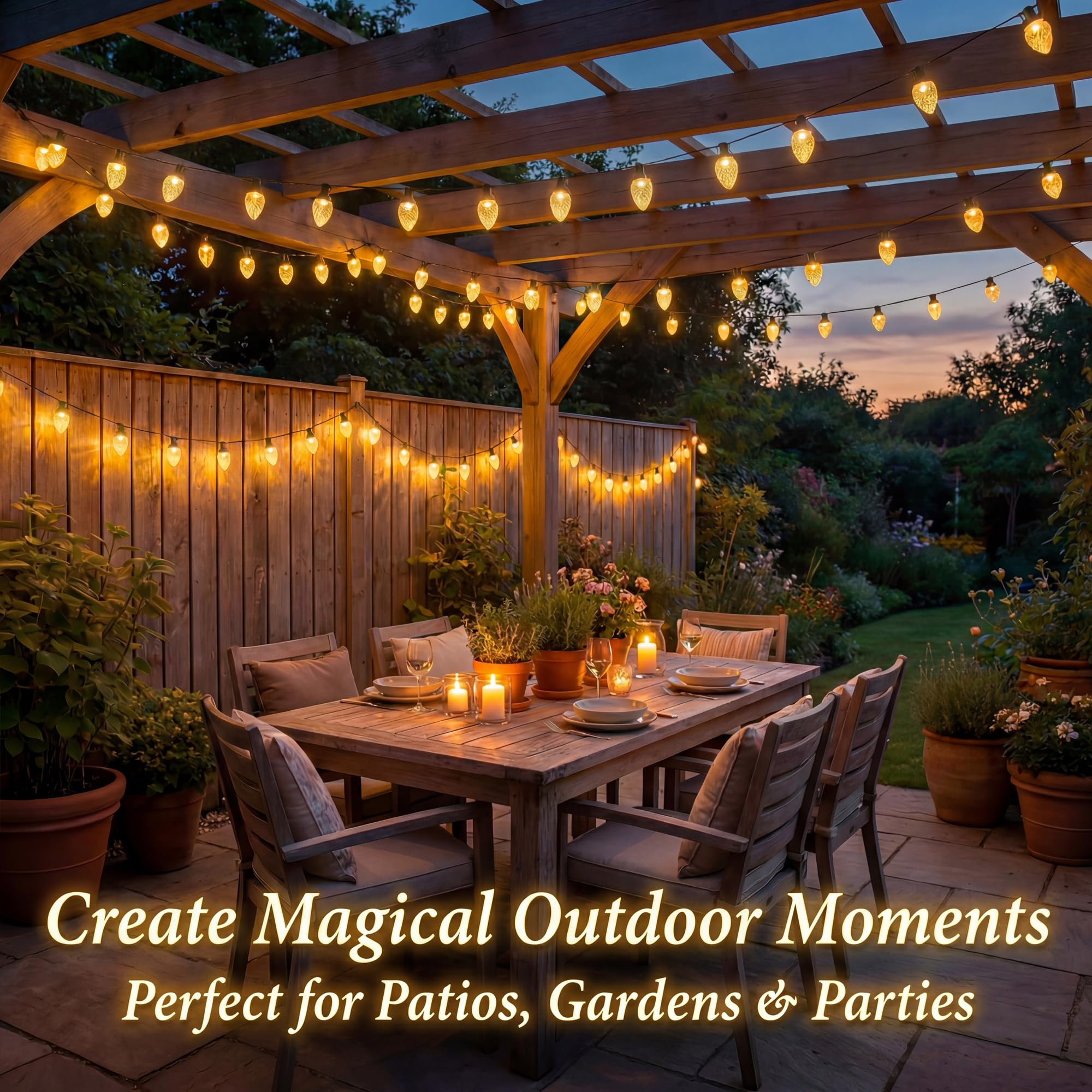 C9 - Guirnalda de luces LED de Navidad alimentadas por energía solar, 50 luces LED impermeables de fresa con 8 modos de iluminación de alambre verde para decoración de patio exterior, boda