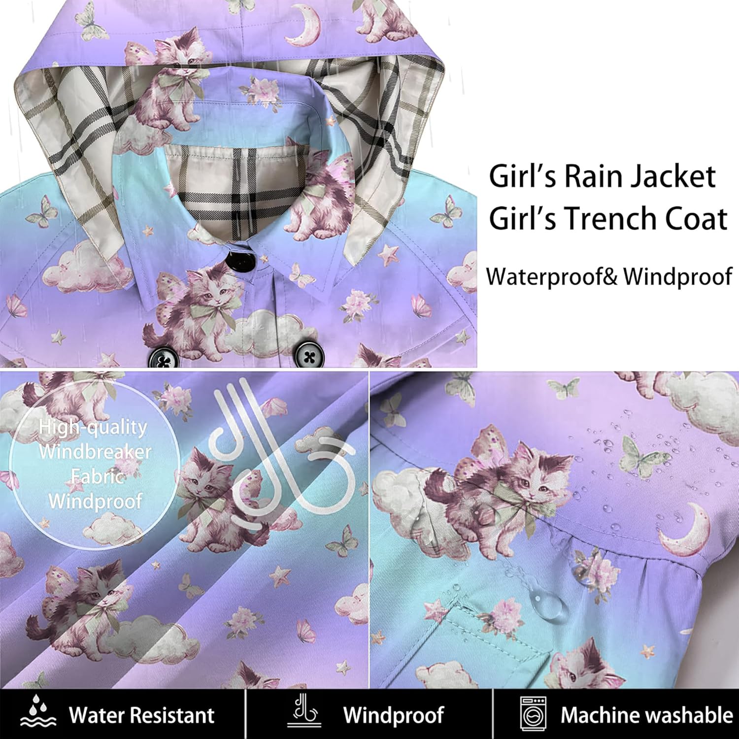 Betusline Girl's Hooded Rain Jackets Lightweight Print Waterproof Trench Coat Windbreaker Raincoats for Girls,2-14 Years - Image 5