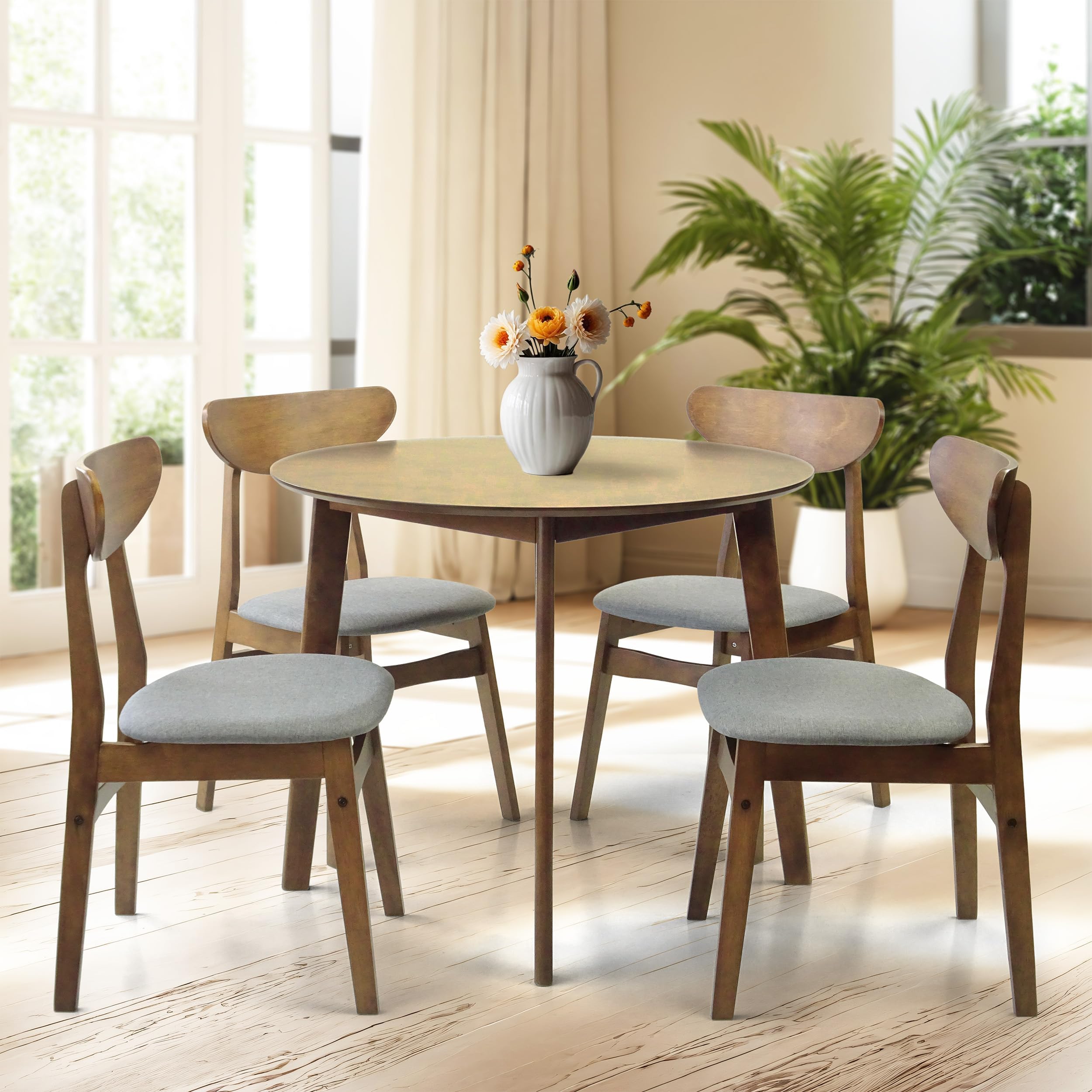 Wickerix Set of 5 Dining Kitchen Round Table and 4 Yumiko Side Chairs Solid Wood w/Padded Seat, Medium Brown Color