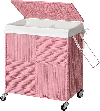 WOWLIVE Double Laundry Hamper with Wheels, Handwoven Rolling Laundry Basket