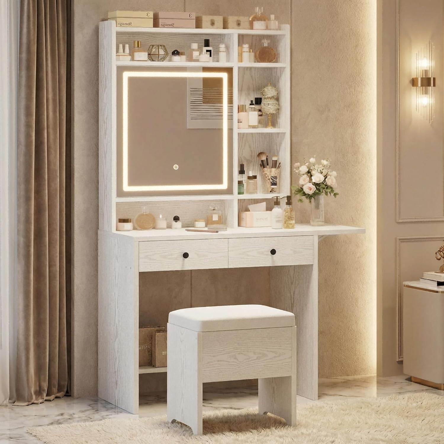 IRONCK Vanity Desk with Mirror and LED Lights, Jewelry Cabinet, Makeup Dressing Table Set with Drawers, Storage Shelves, for Bedroom, 65.3 H White
