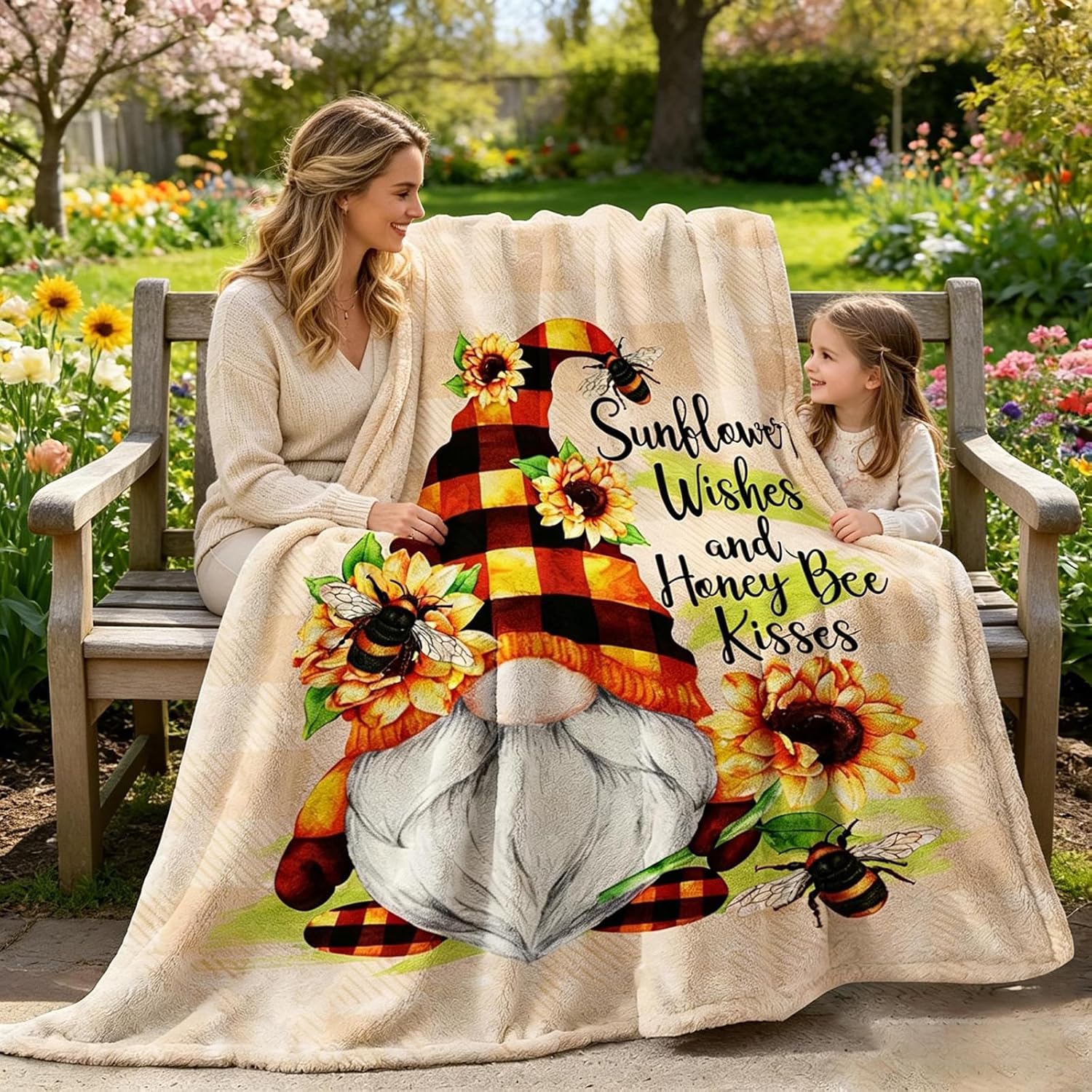Spring Sunflower Gnome Blanket, Gnome Gifts for Women, Mother's Day Birthday Gnomes Throw Blanket for Mom, Wife, Girls, Friends, Adults, Fleece Gnomes Blanket for Couch Sofa Bed 60''x50''