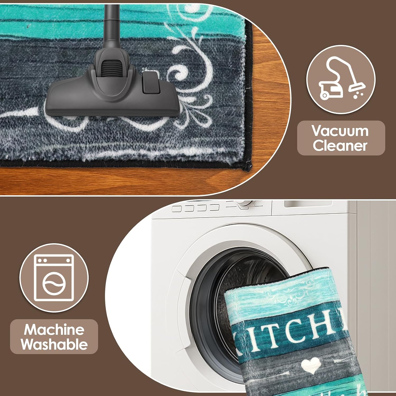 Turquoise Teal Grey Kitchen Rugs Sets of 3, Non Slip Washable Farmhouse Kitchen Mats for Floor, Wooden Vintage Rustic Area Runner Rug for Laundry Room and Hallway