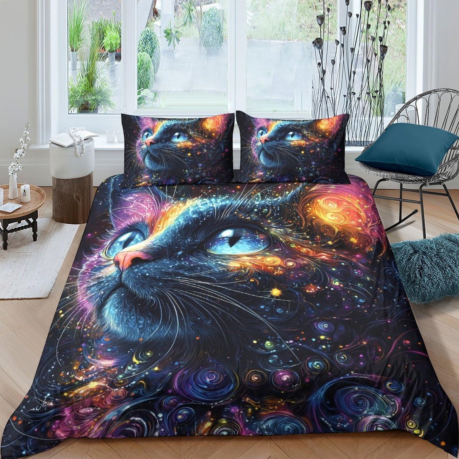 Ctjqhvkz Style-3 3D Printed Galaxy Starry Cat Fitted Sheet Microfiber Soft Bed Cover Cosmic Nebula Mattress Protection For Bedroom Guest Room Decor Single（135X200cm）