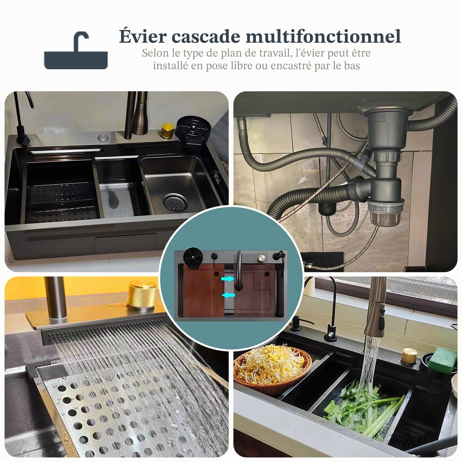 Évier de cuisine 68 x 45 cm Avec robinet cascade En acier inoxydable noir Pour usage domestique Nettoyeur haute pression, planche à découper, panier
