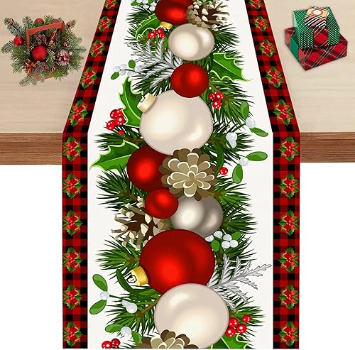 Camino de mesa de Feliz Navidad de 13 x 72 pulgadas, acuarela, árbol de Navidad, búfalo, caminos de mesa a cuadros, temporada de invierno, Navidad,