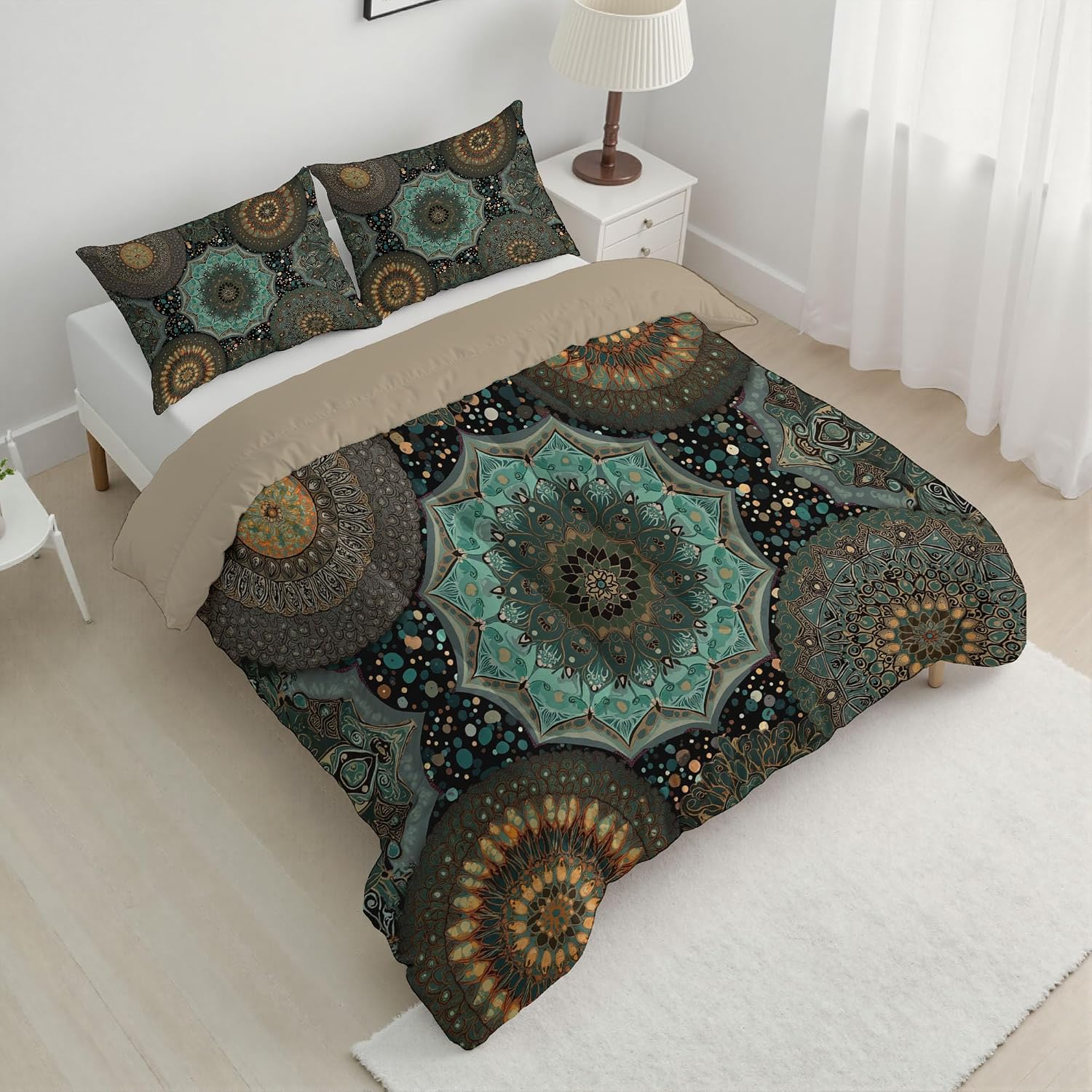 Bohemian Floral Comforter Set Full Size, Elegant Mandala Bedding Set for Teens Adults Room, Blue Soft 80" x 90" Quilt with 2 Pillow Cases, Lightweight Blue Quilt for All Season