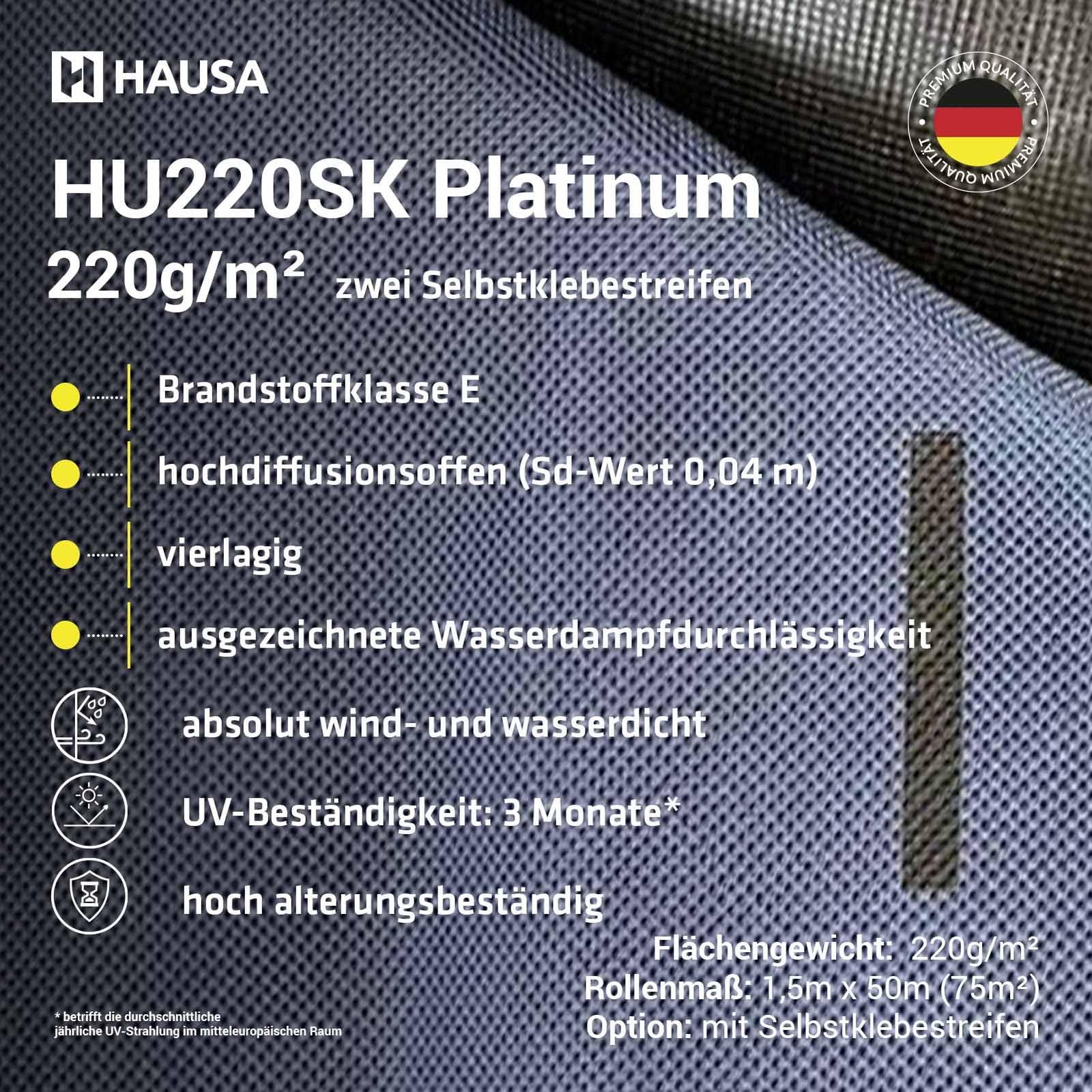 HAUSA Pannello sottostruttura Platinum HU220SK, 220 g/m², 75 m² (1,5 mx50 m), pellicola per tetti Platinum HU220SK, con 2 strisce adesive ad alta diffusione, impermeabile, resistente agli urti