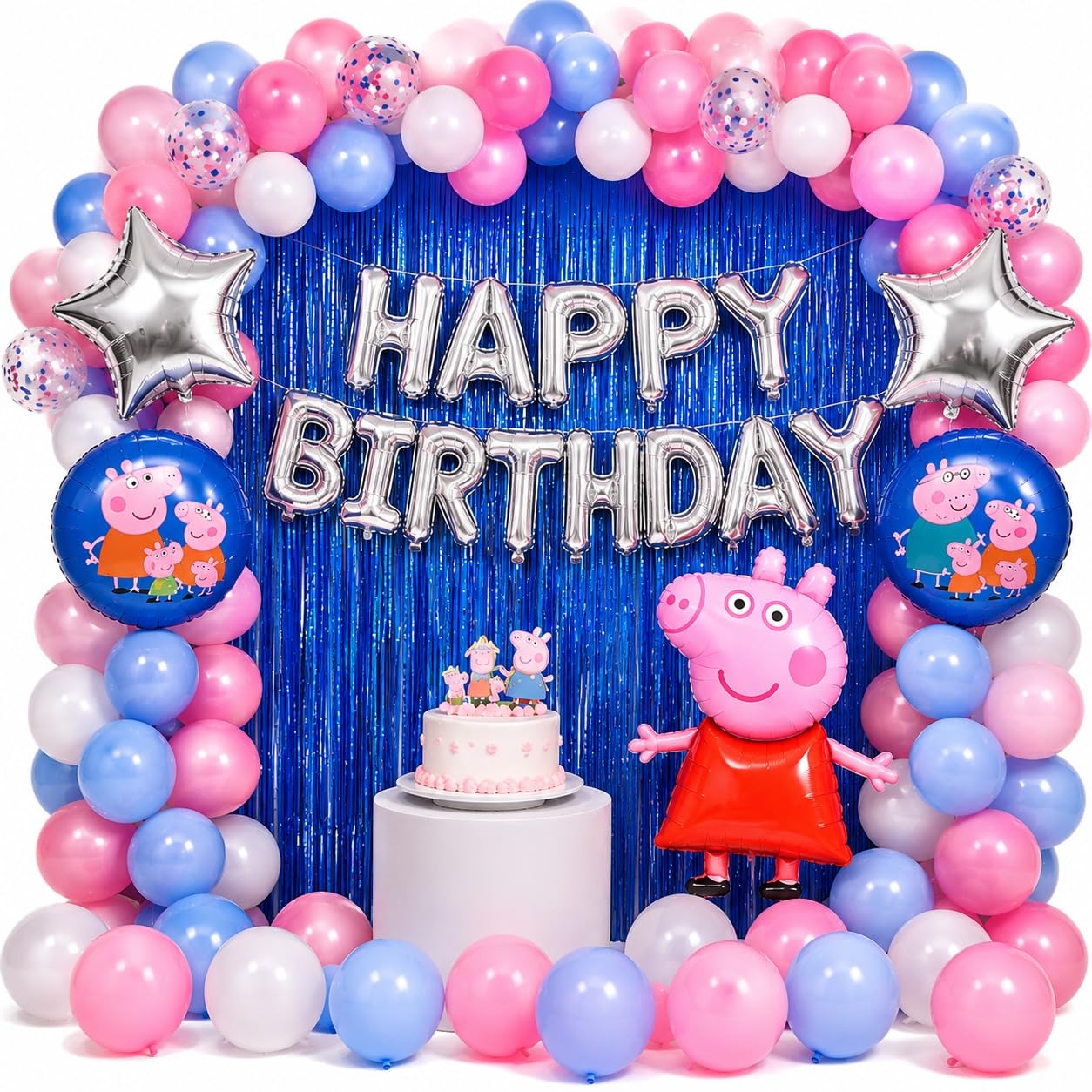 Peppa Pig Theme Birthday Decoration Kit | Happy Birthday Foil Letter Balloons, Pink Blue Balloon Garland, Cartoon Foil Balloons, Silver Star Balloons & Party Decoration Set for Kids-image-37