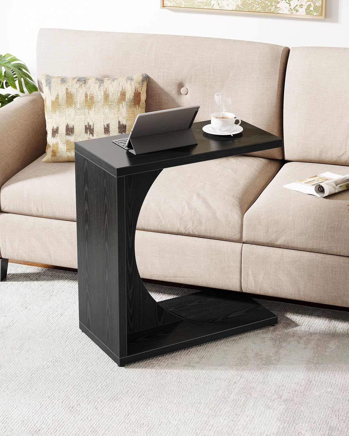 tribesigns c-shaped end table for couch, sofa side table, c table for small space, living room, bedroom (1, black)