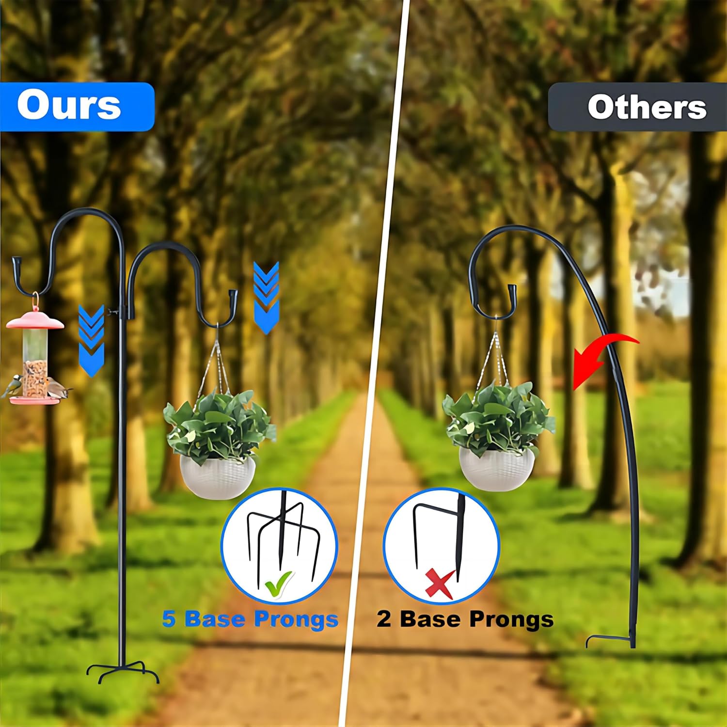 2-Pack 92" Heavy Duty Adjustable Shepherd Hooks - 5-Prong Stabilizing Base for Bird Feeders, Hanging Plants, Lanterns & Solar Lights