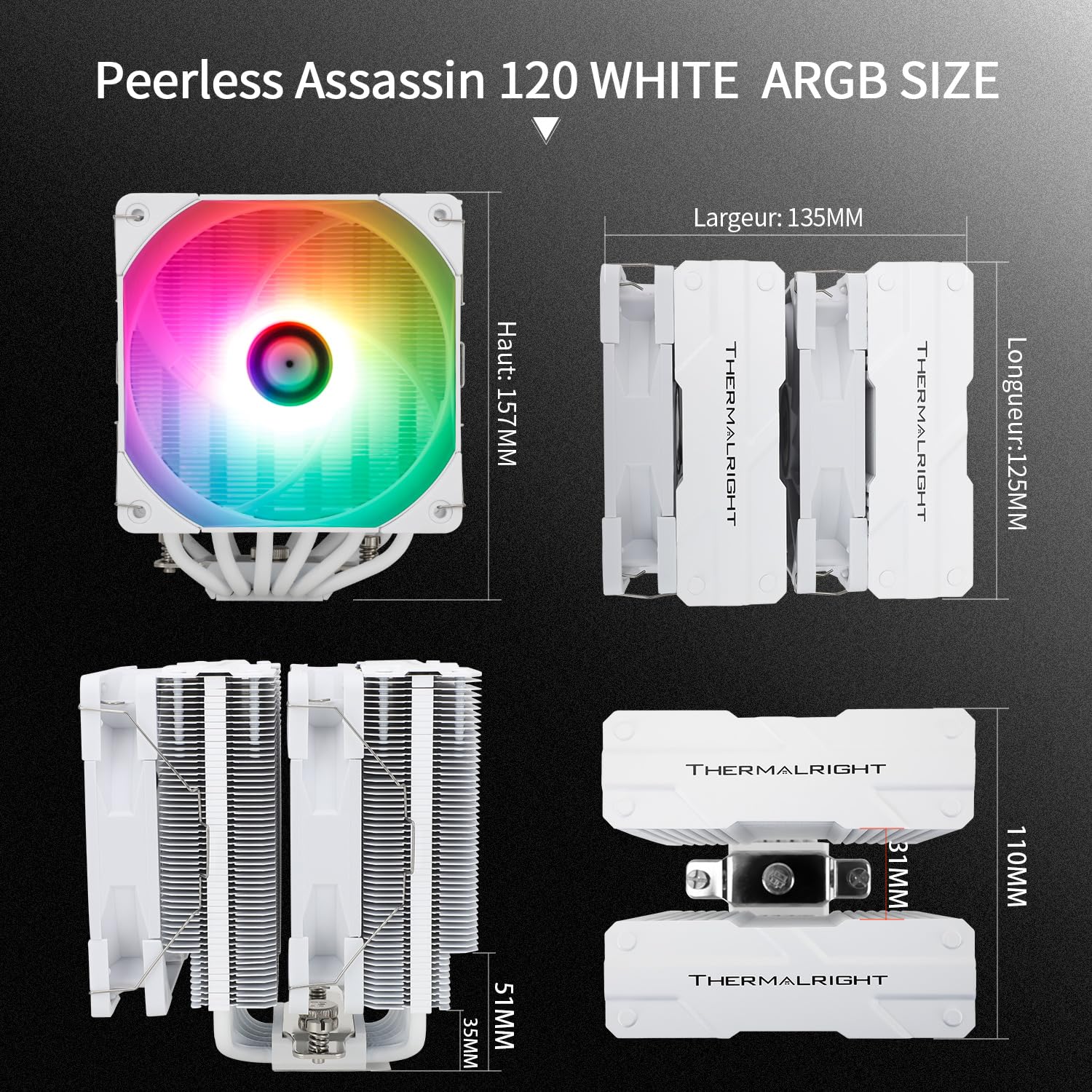 Thermalright Peerless Assassin 120 White ARGB Refroidisseur d’air CPU,6 caloducs, Double ventilateur PWM TL-C12W-S de 120 mm,Technologie AGHP, Pour AMD AM4 AM5,Intel 1700/1150/1155/1200/2011