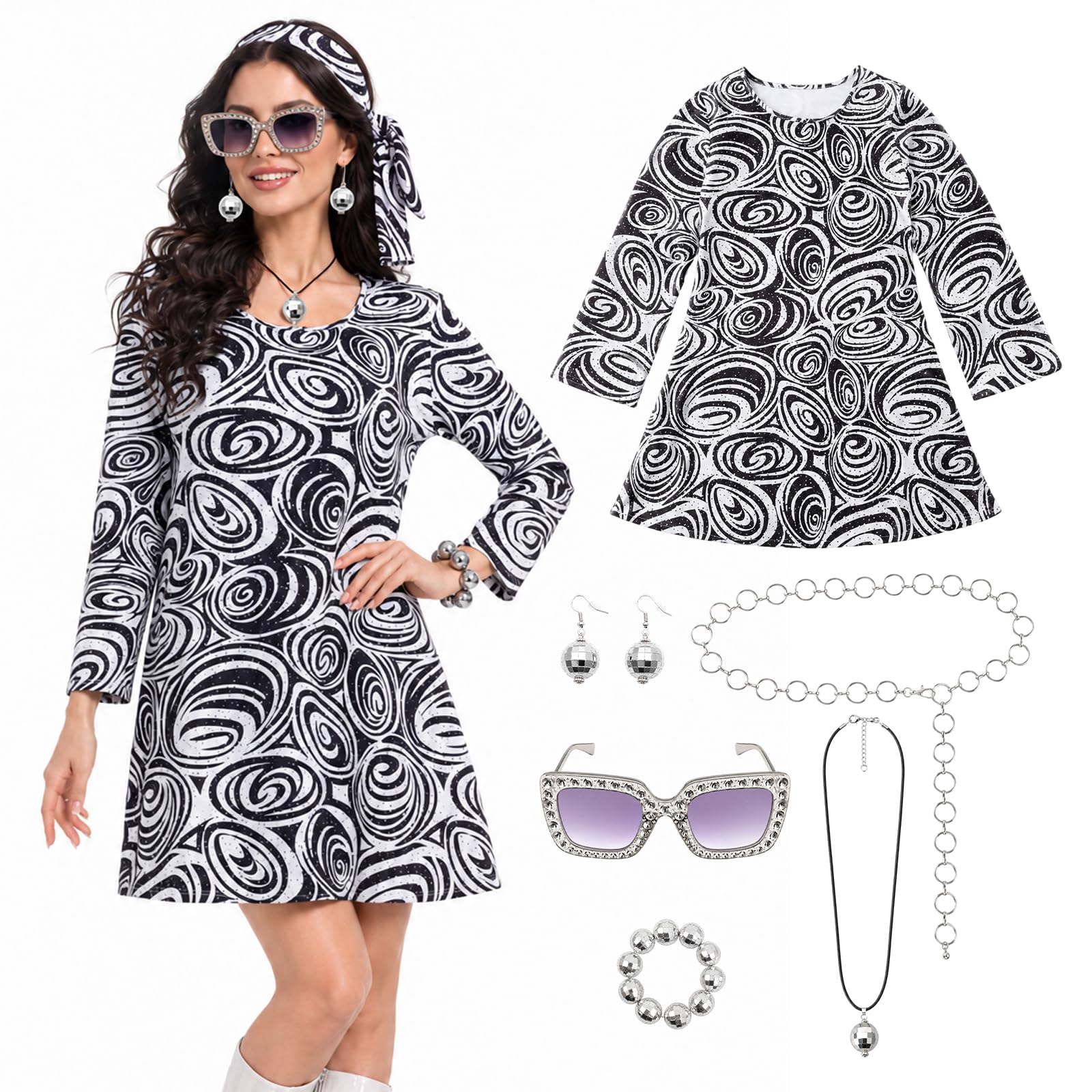 Lyxaof 70s Disco Outfit for Women 6-Piece Fancy Dress Set,Black:XL