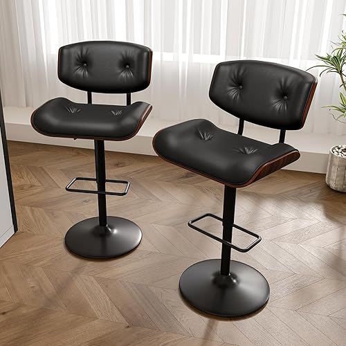 Juego de 2 taburetes de bar modernos, taburetes giratorios ajustables con respaldo, asiento ancho y profundo, taburetes ergonómicos de piel
