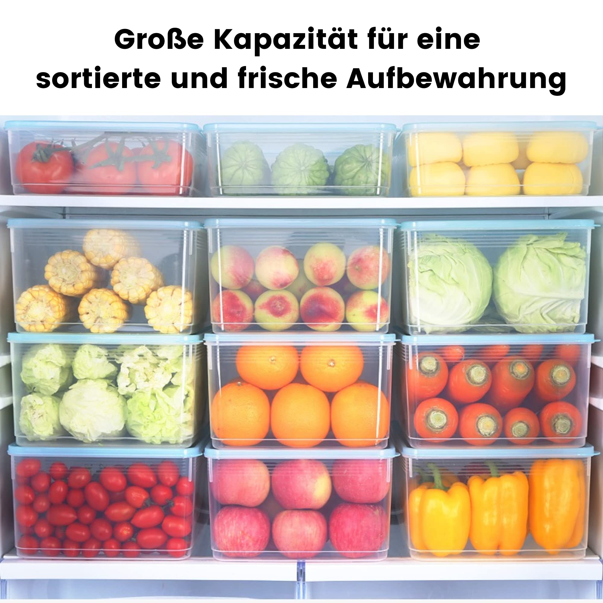 Kühlschrank Organizer Küchen Ordnungssystem Set mit Deckel groß Stapelbar Transparent Speisekammer Vorratsbehälter Tiefkühldosen Gefrierdosen Frischhaltebox (40 Liter (8 * 5L, 16*Gitter))
