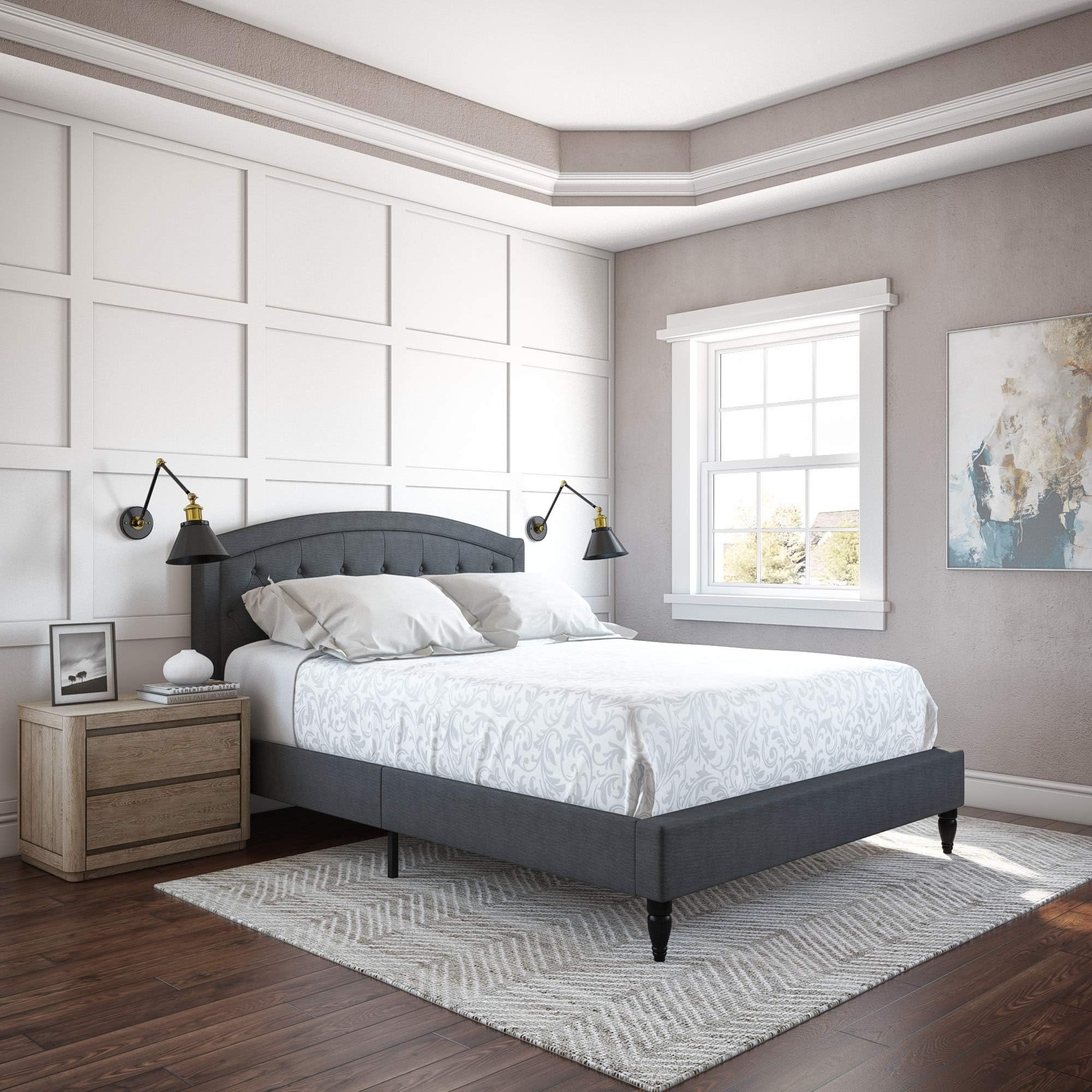 Decoro Wellesley Upholstered Platform Bed | Headboard and Metal Frame with Wood Slat Support | Grey, King Size