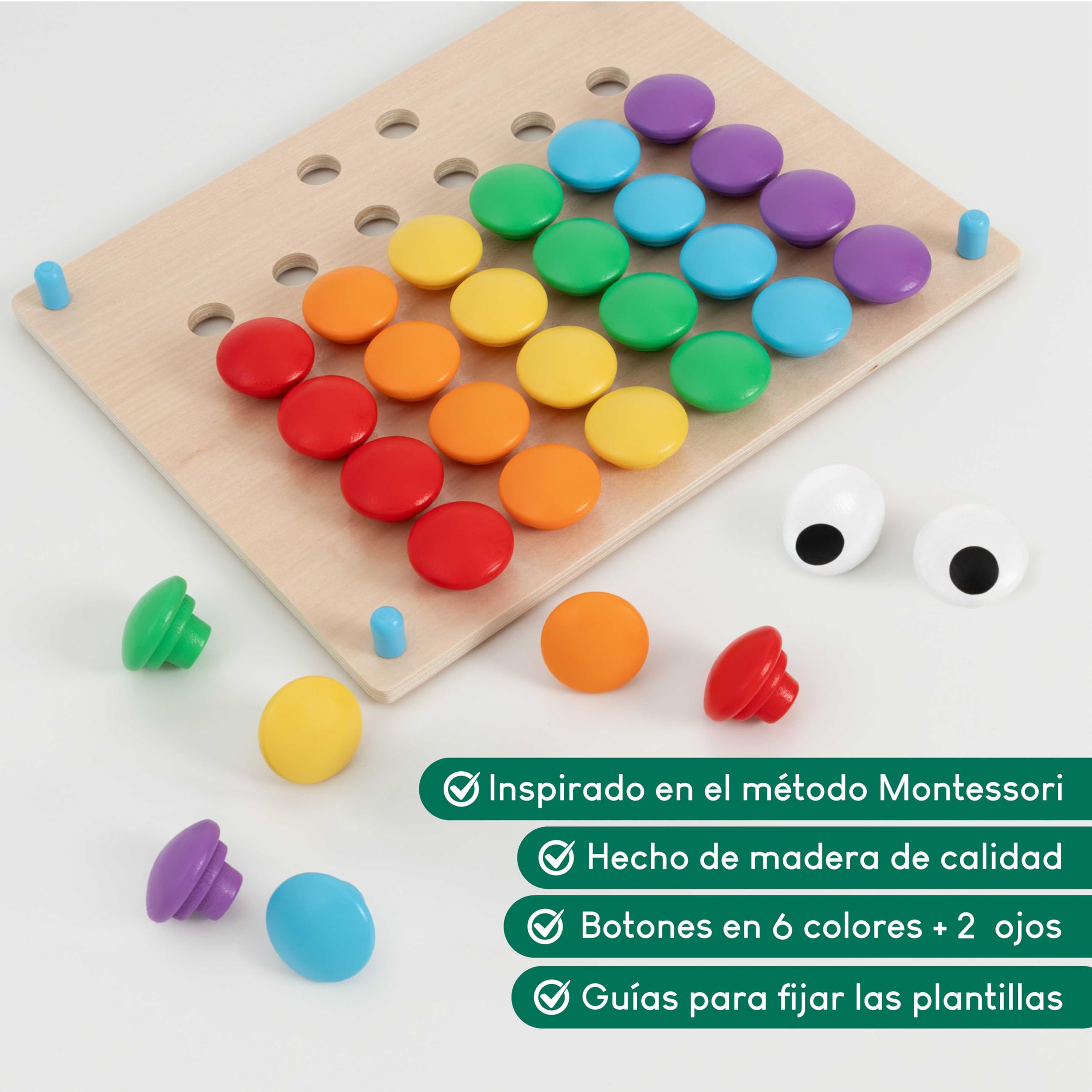 BONNYCO Puzzle de Madera con 50 Plantillas y 32 Botones. Mosaico Infantil para Motricidad Fina, Rompecabezas y Juguetes Niños 2 Años, Juegos Educativos Montessori y Regalos de Cumpleaños