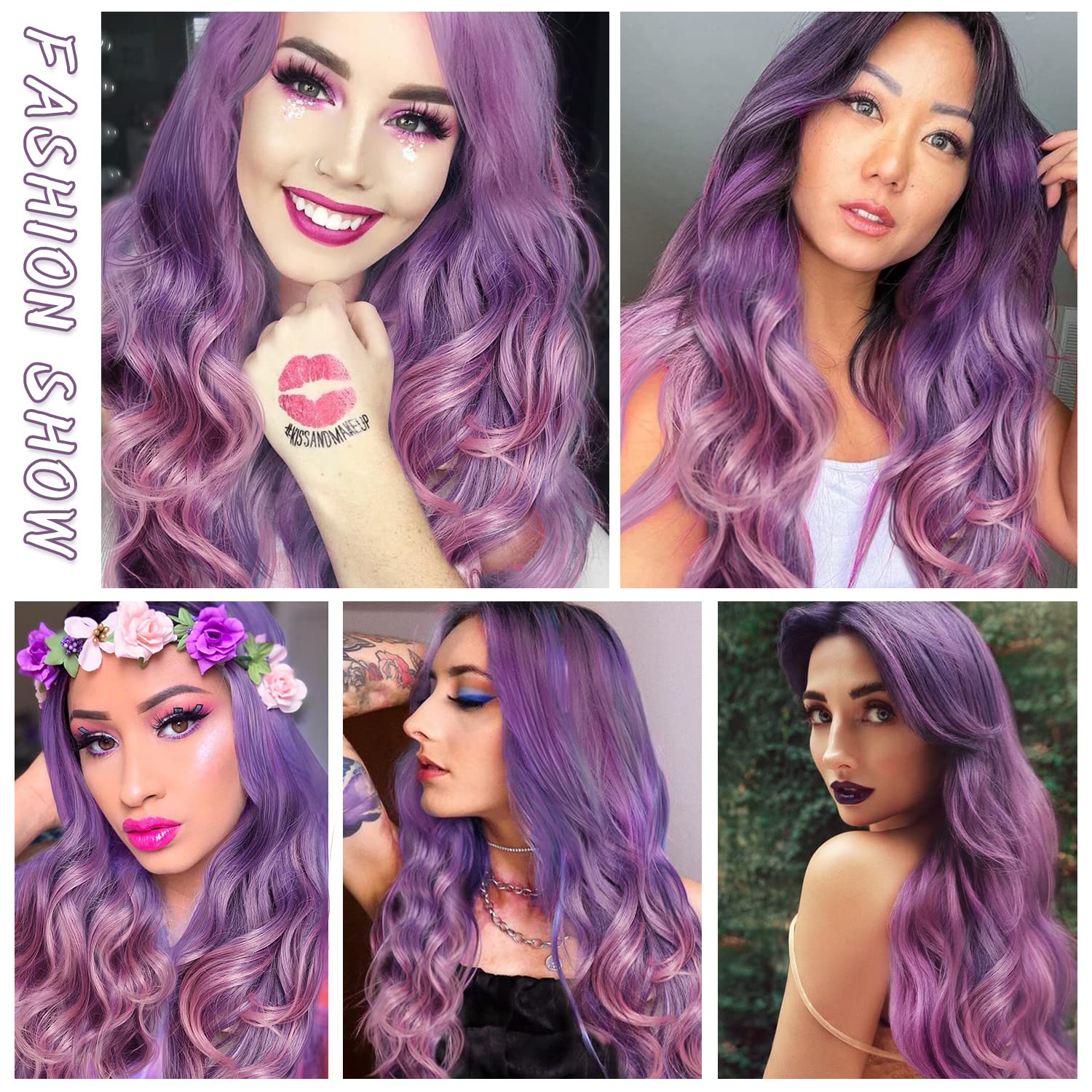 FAVE Purple Pink Wig Long Ombre Wig with Dark Roots Heat Resistant Synthetic Hair Cosplay wig for Rumi 28 Inches (1B to Purple Pink)