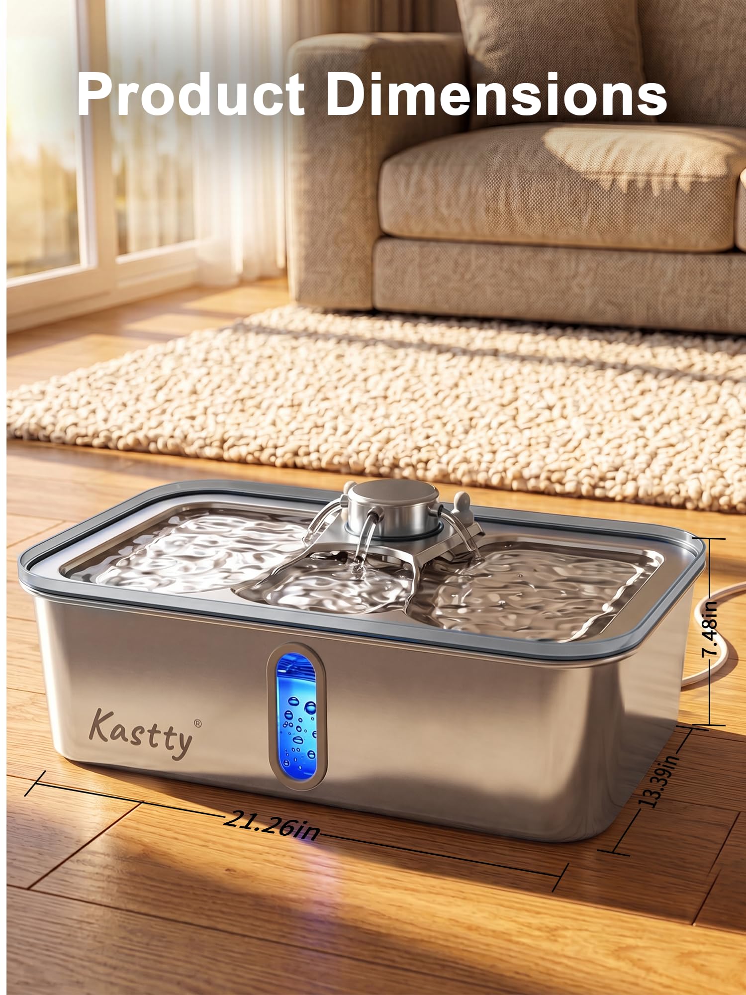 Kastty Fontaine à eau pour chien de 17 L, grande capacité en acier inoxydable, distributeur automatique silencieux avec lumière LED, facile à nettoyer pour grands chiens et animaux multiples FS84