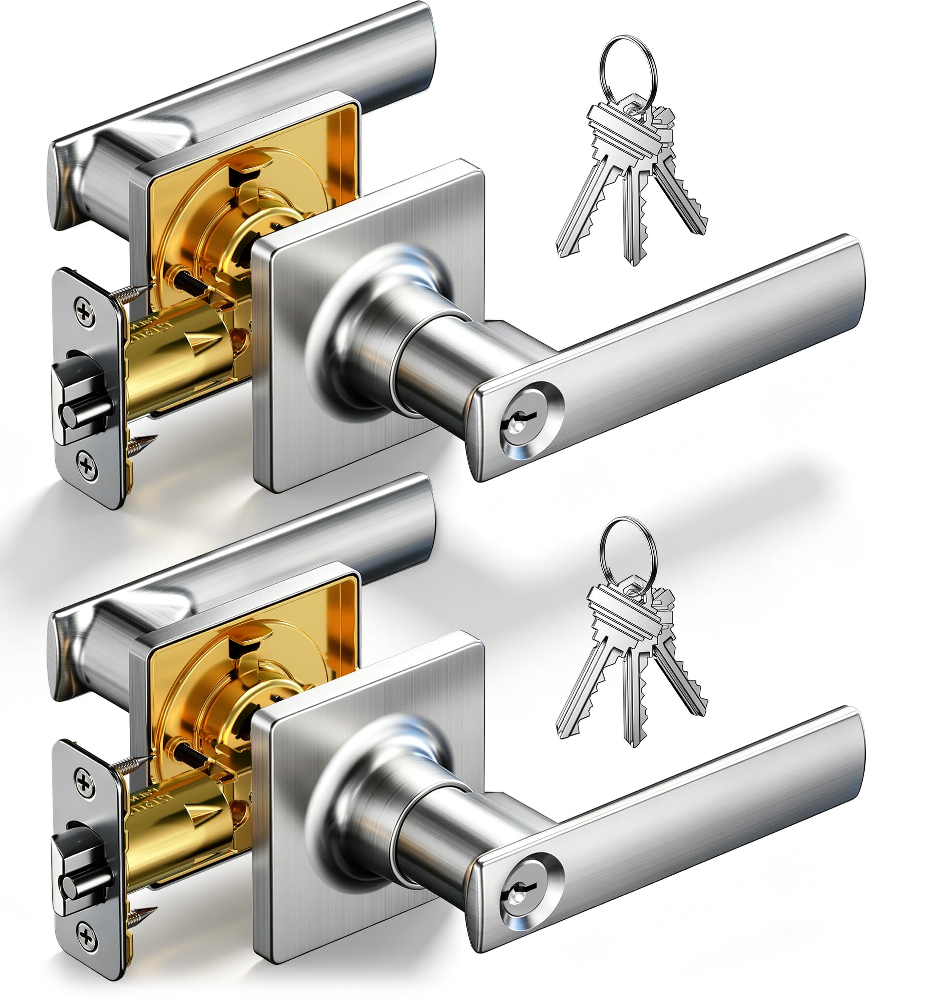 Veise 2 PCS Square Keyed Entry Lever, Door Handle with Lock, Satin Nickel